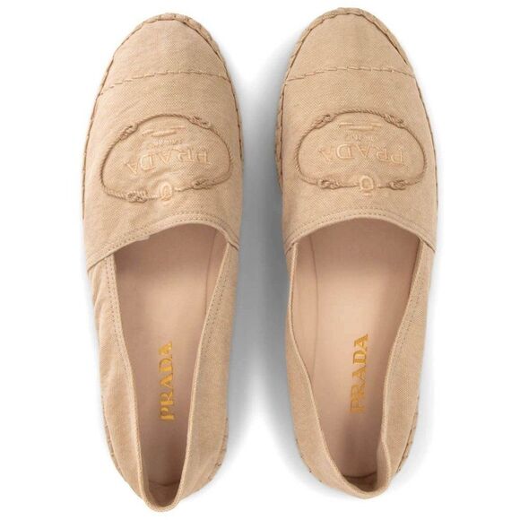 Authentic PRADA Beige Canvas Embroidered Logo Flat Espadrilles Size 8.5 - Picture 1 of 10